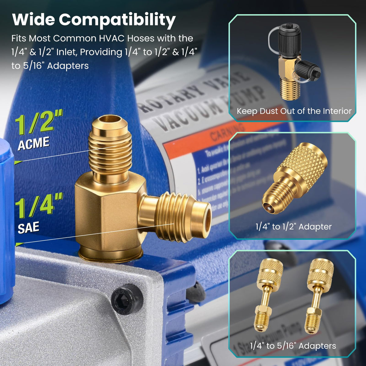 DUMOS adapters and can tap laid out for versatile refrigerant service