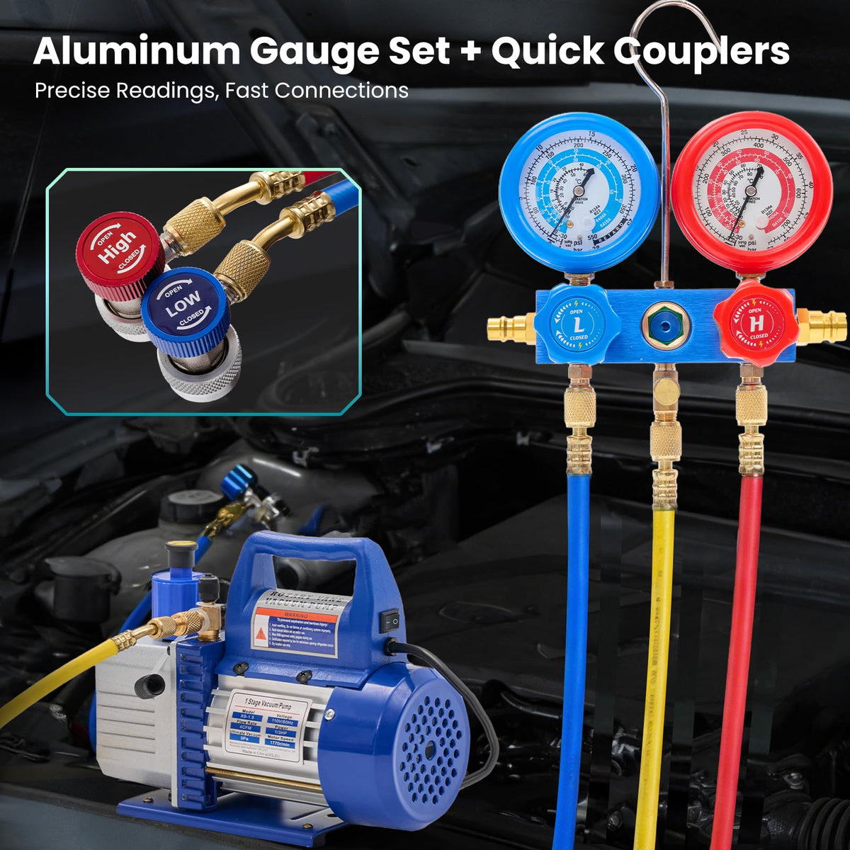DUMOS carry bag open displaying organized pump, gauges and accessories
