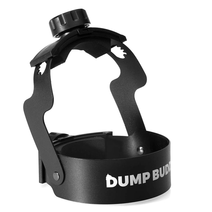 Dump Buddy front view clamped on elbow showing secure hold for safer dumping