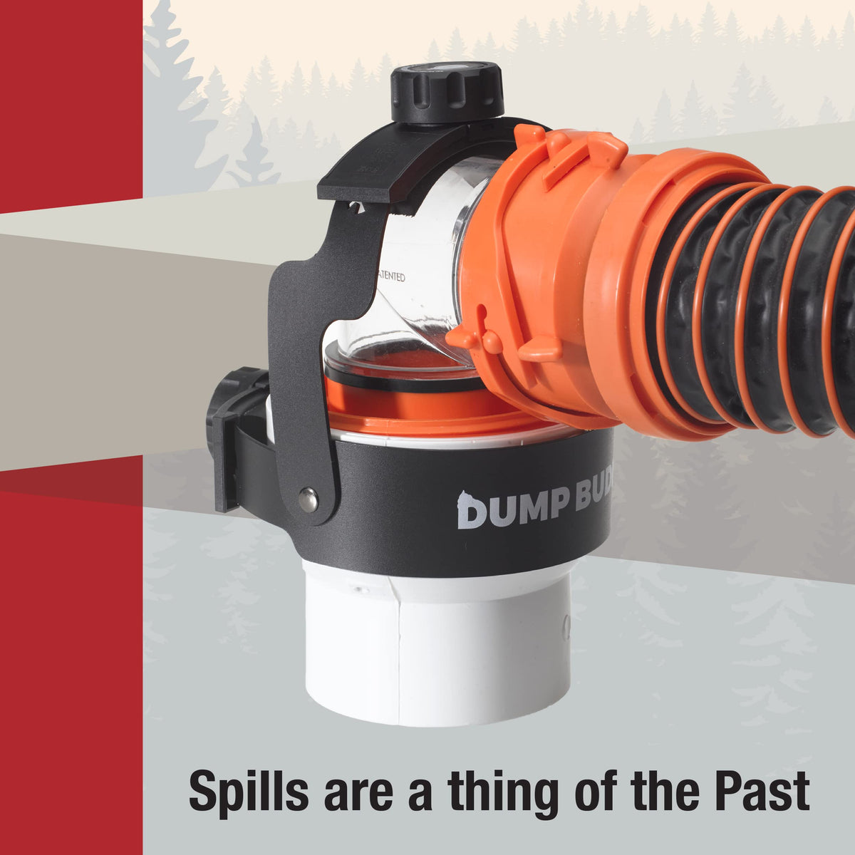 Dump Buddy in use at campground securing hose to sewer connection for peace of mind