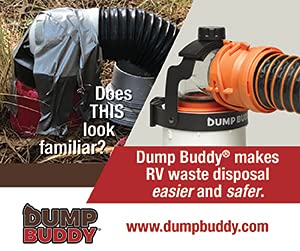 Dump Buddy beside RV sewer hose for size comparison and compact profile