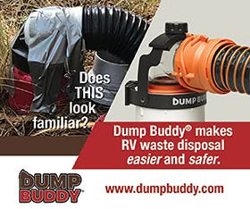 Dump Buddy beside RV sewer hose for size comparison and compact profile