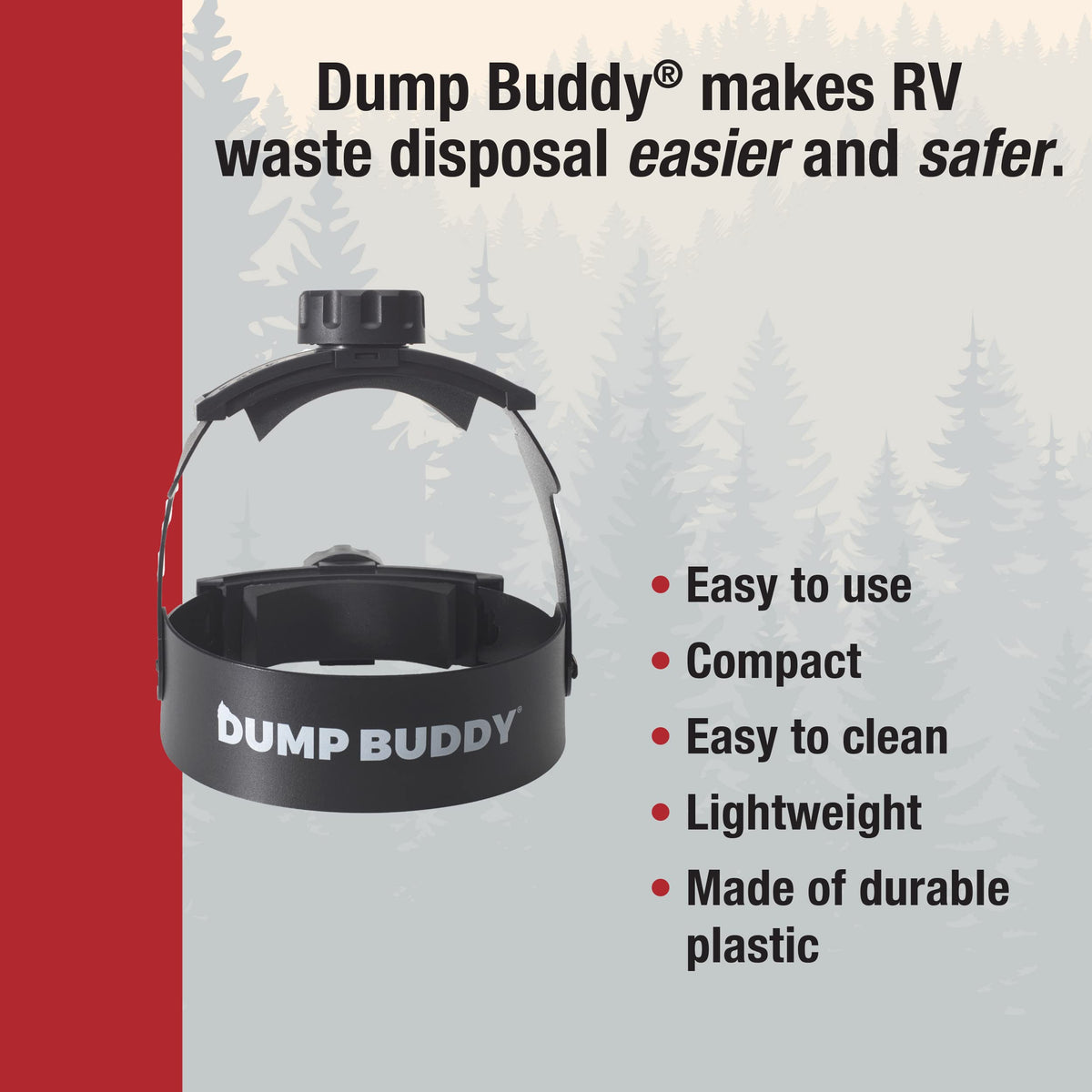 Dump Buddy tension knob detail showing easy hand-tightening for stability