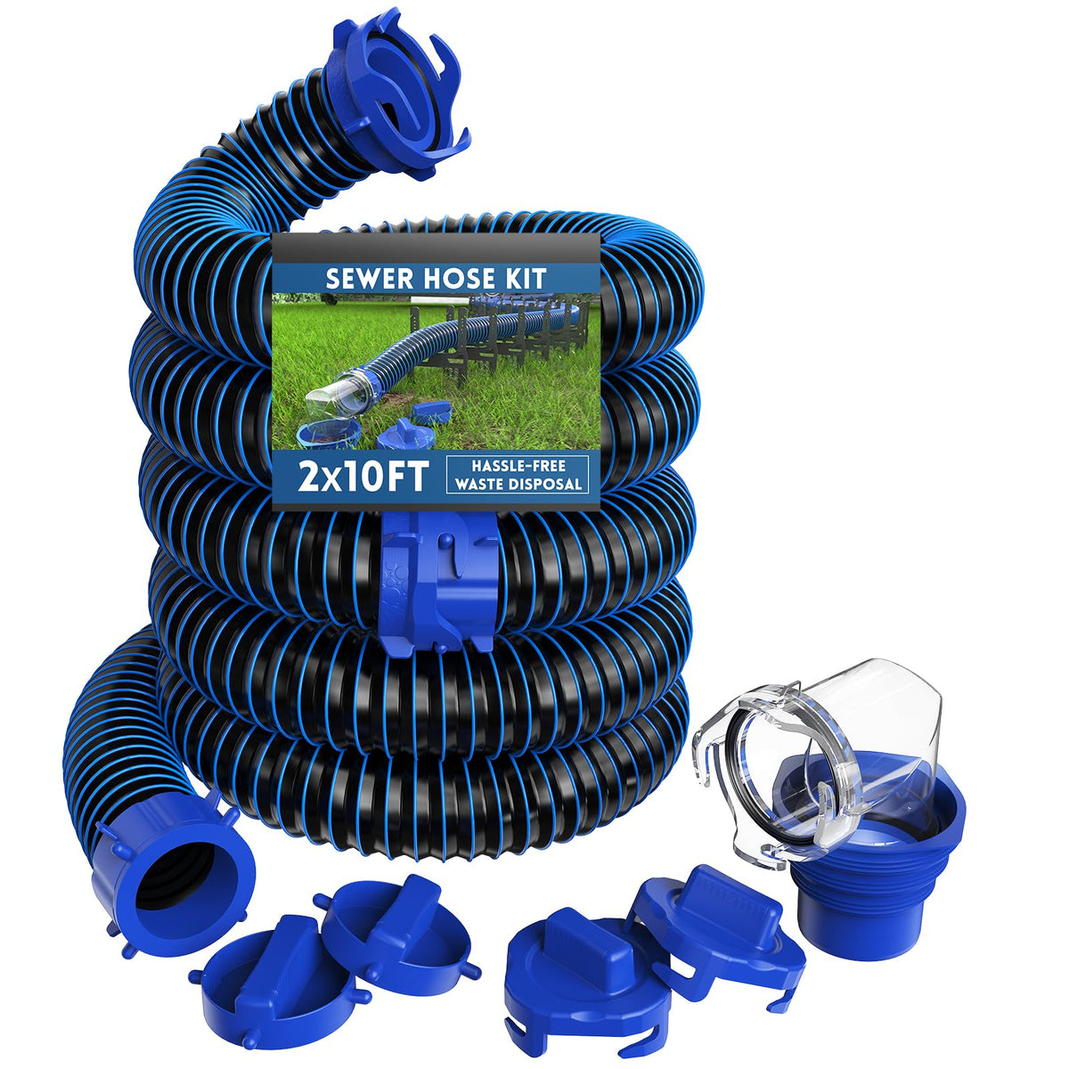 DUMPMAN front packaging showing complete 20ft sewer hose kit and components for convenience