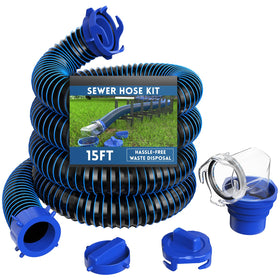 DUMPMAN front packaging showing full 15 ft sewer hose kit and included accessories for convenience