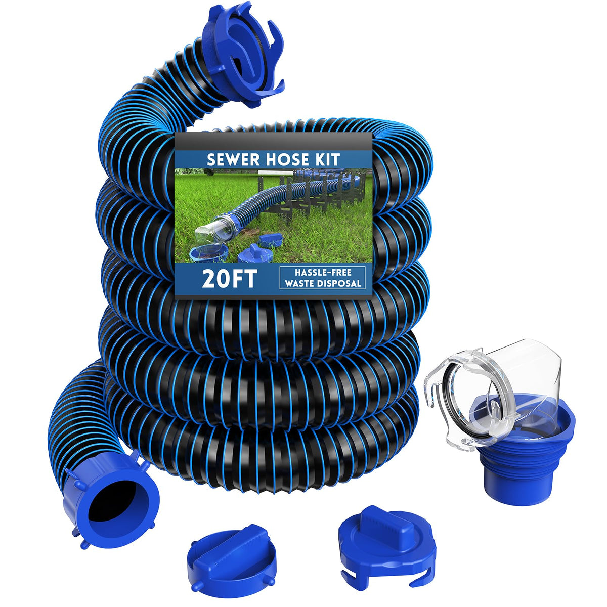 DUMPMAN 20 ft sewer hose front view showing full length and connectors for reliable transport