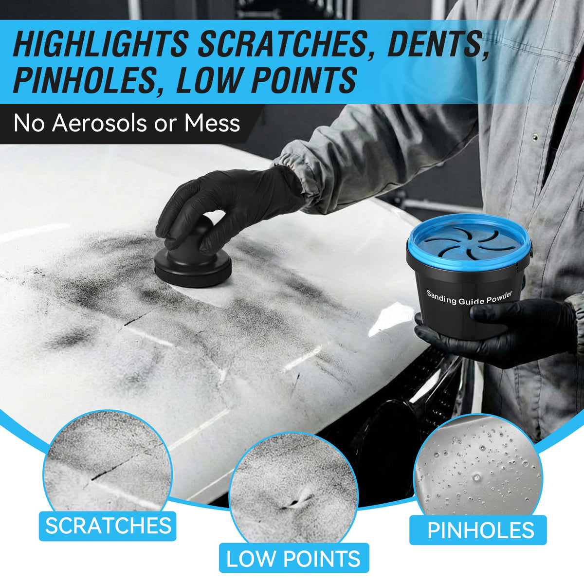 Dunkive applied to primed panel revealing scratches and low spots for accurate sanding benefit