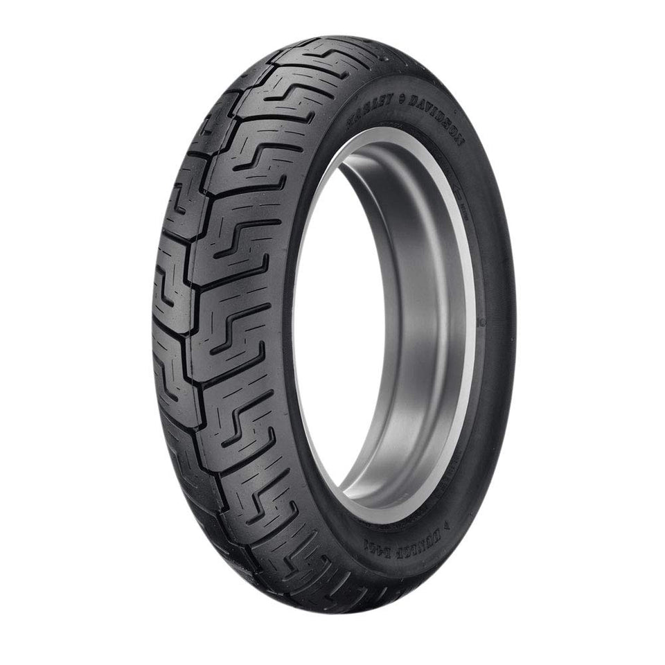 Dunlop Tires D401 front profile showing size 150/80B-16 and black wall benefit: true fit for Harley