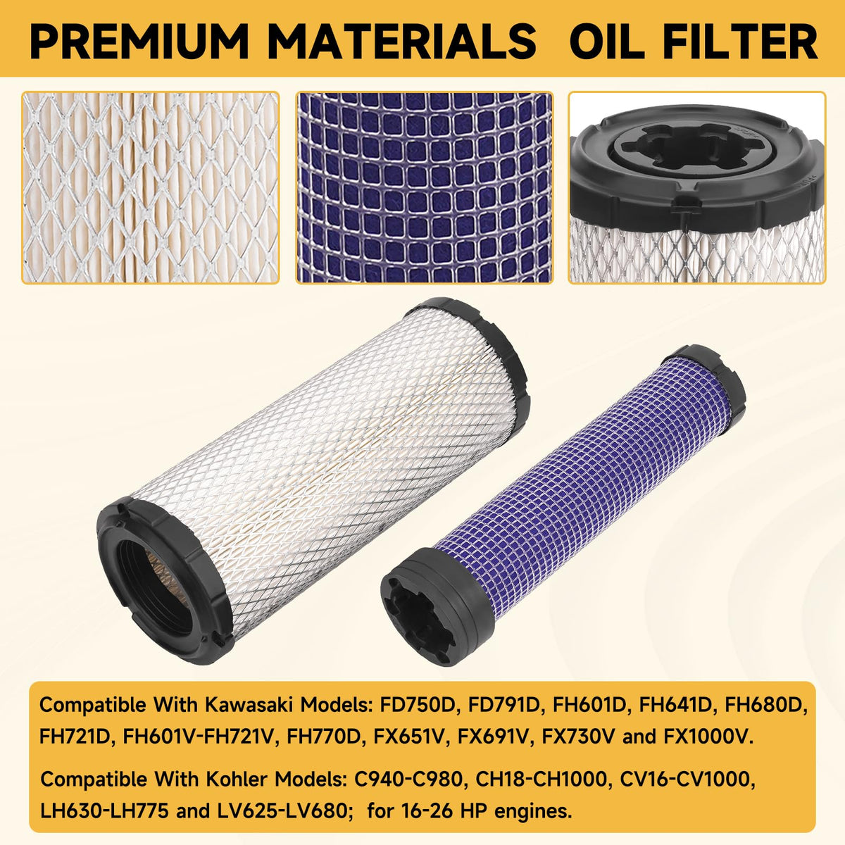 DUOOK filters installed on a Kawasaki engine illustrating correct placement benefit easier replacement