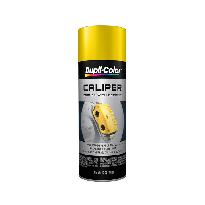 Dupli-Color aerosol can front showing gloss yellow label and durable finish benefit