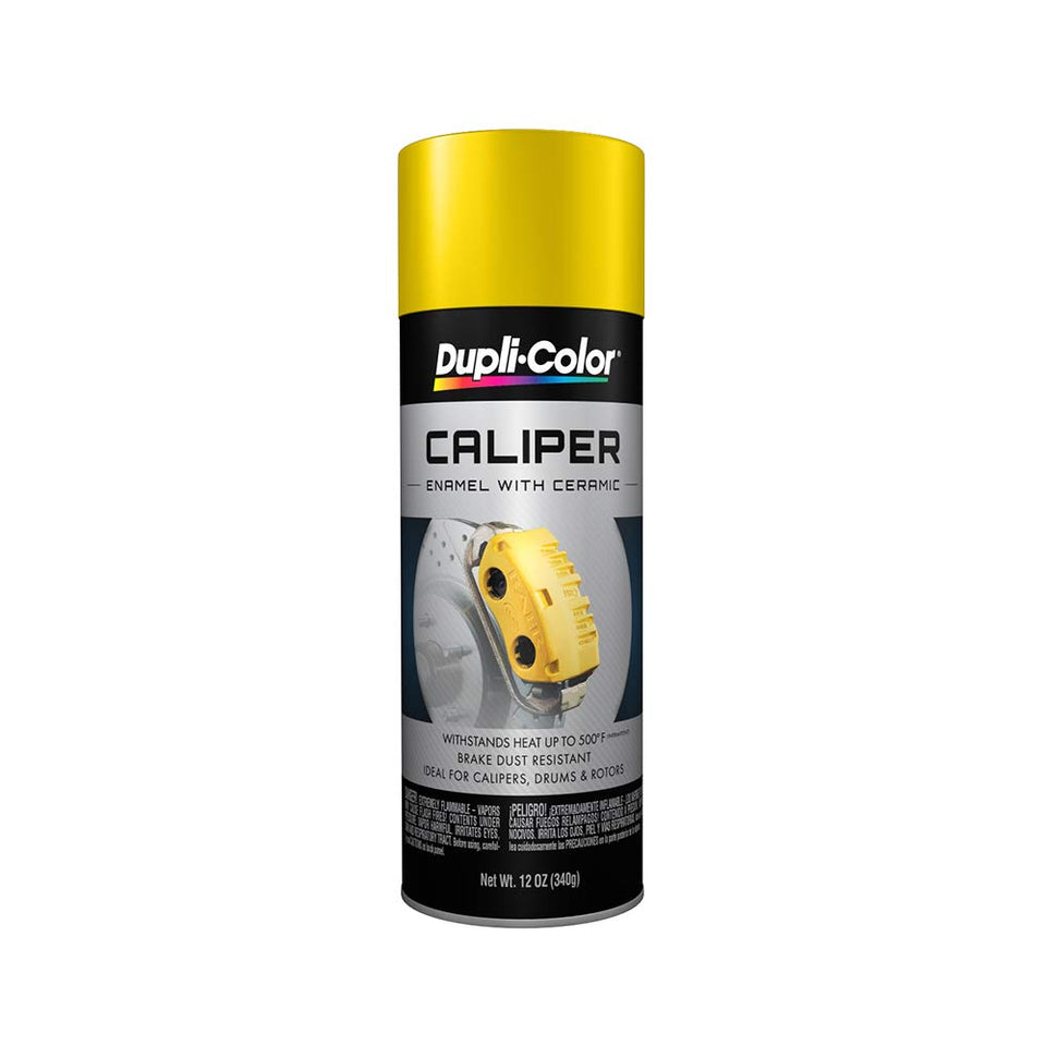 Dupli-Color aerosol can front showing gloss yellow label and durable finish benefit