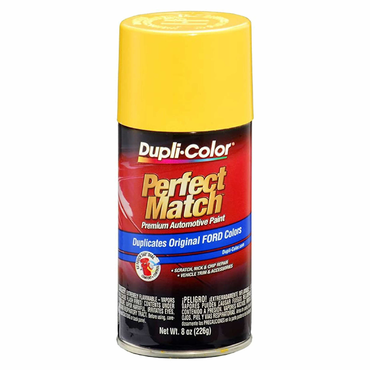 Dupli-Color front can showing Ford Chrome Yellow label and easy selection benefit