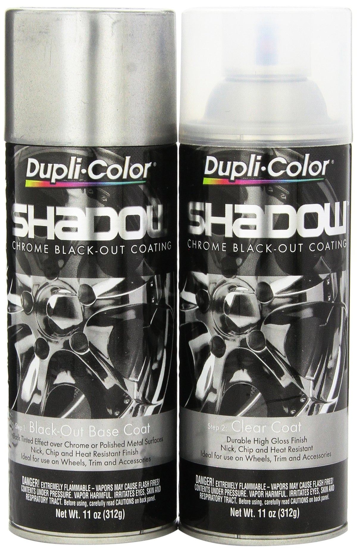 Dupli-Color front can and packaging showing the two-can black chrome kit benefit