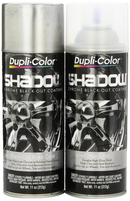 Dupli-Color front can and packaging showing the two-can black chrome kit benefit