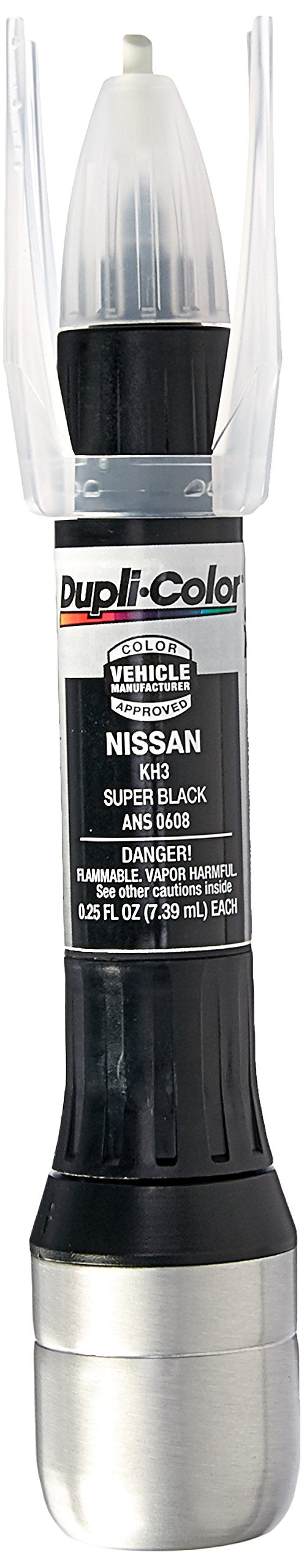 Dupli-Color front packaging for Super Black KH3 showing compact pen and label, precise match benefit