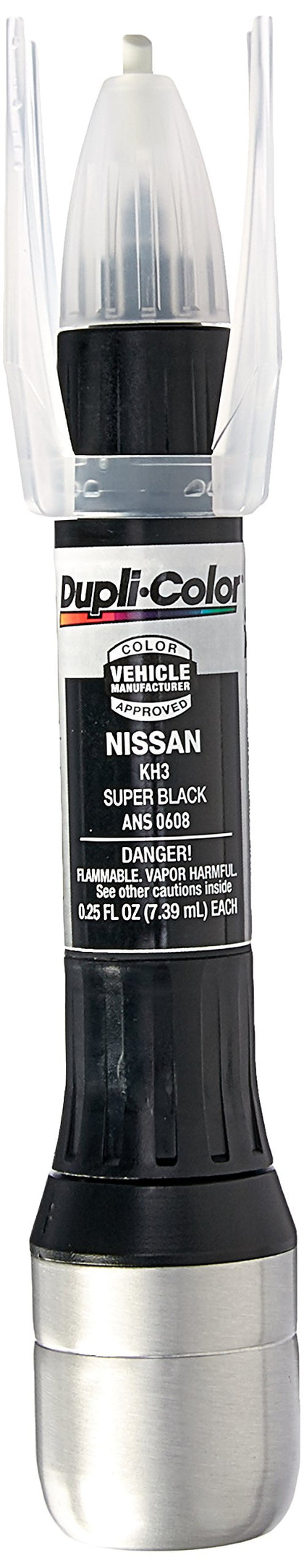 Dupli-Color front packaging for Super Black KH3 showing compact pen and label, precise match benefit