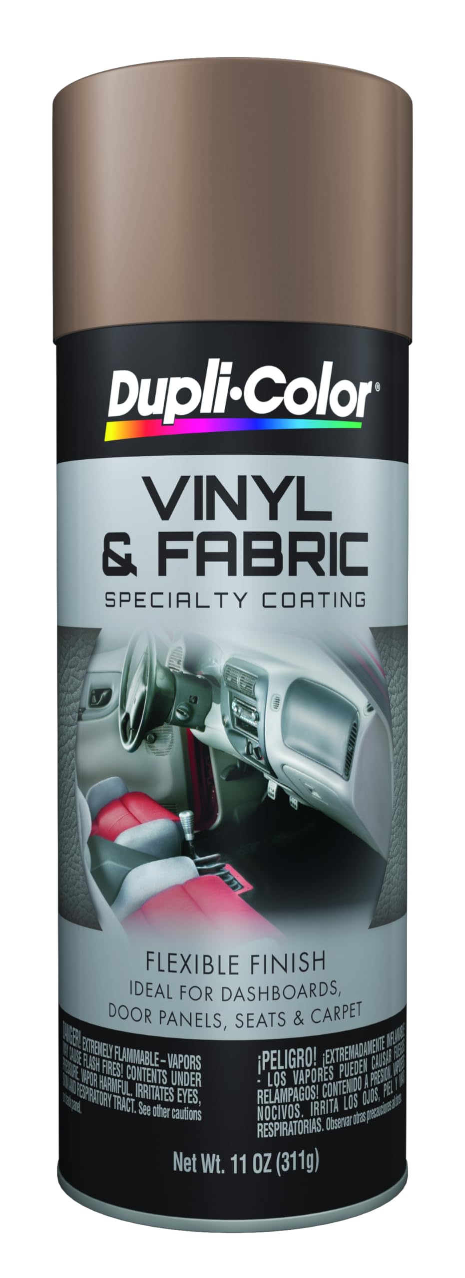 Dupli-Color aerosol can front view showing medium beige color and easy application