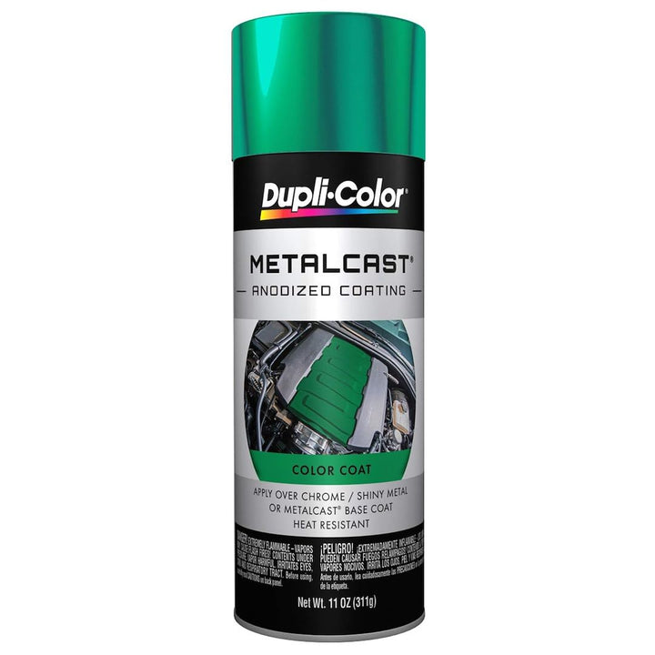Dupli-Color aerosol can front view showing green anodized finish and easy application