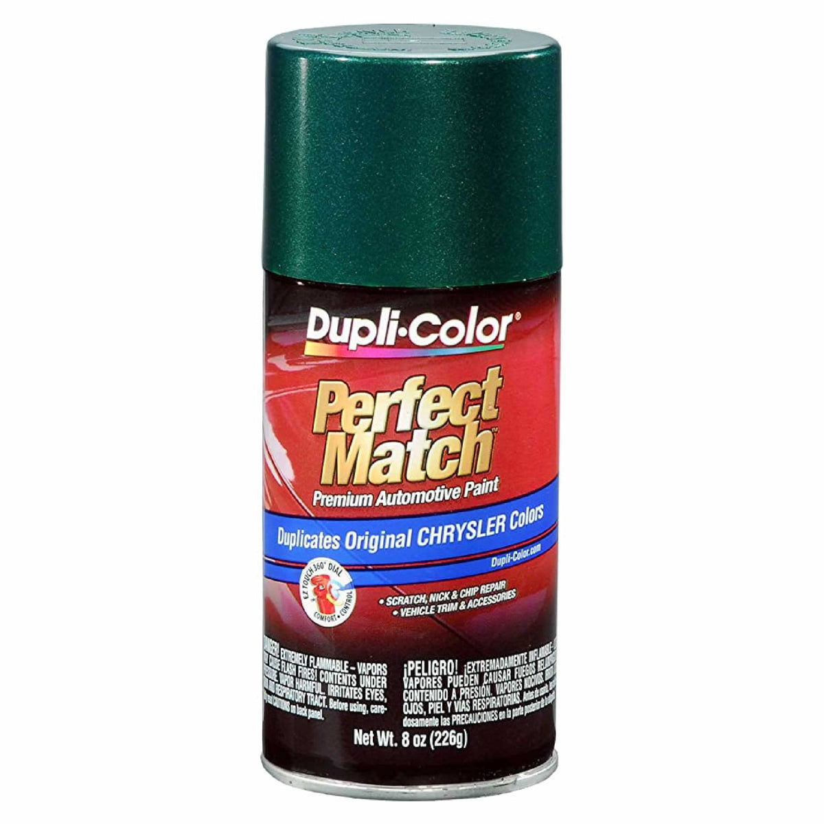 Dupli-Color front can showing PG8 Chrysler Forest Green Pearl color and brand benefit