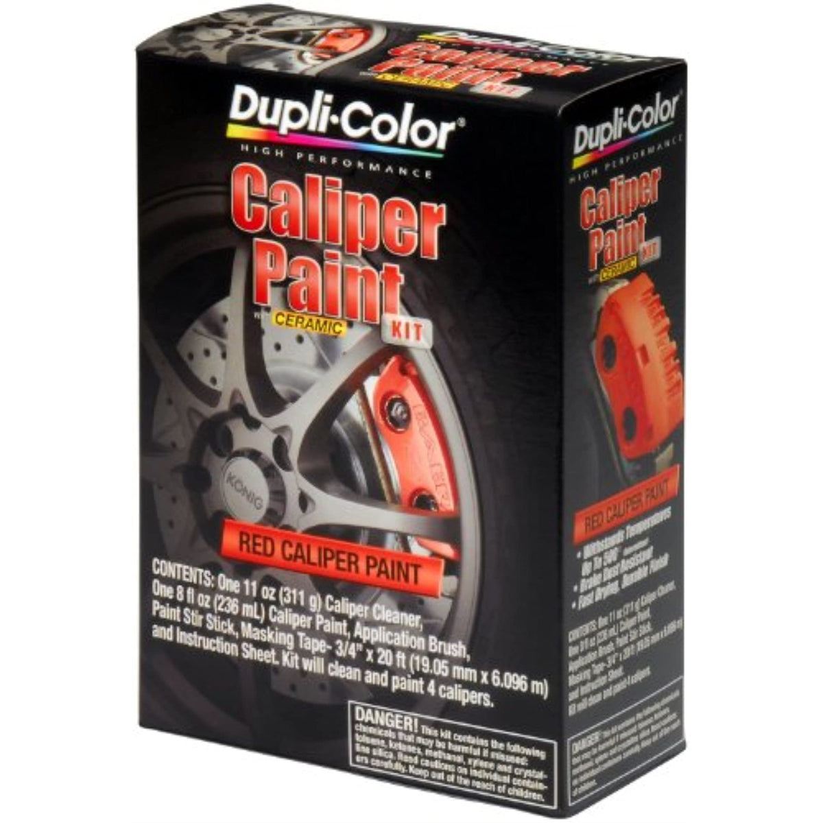 Dupli-Color red caliper kit front view showing paint and accessories for a durable finish