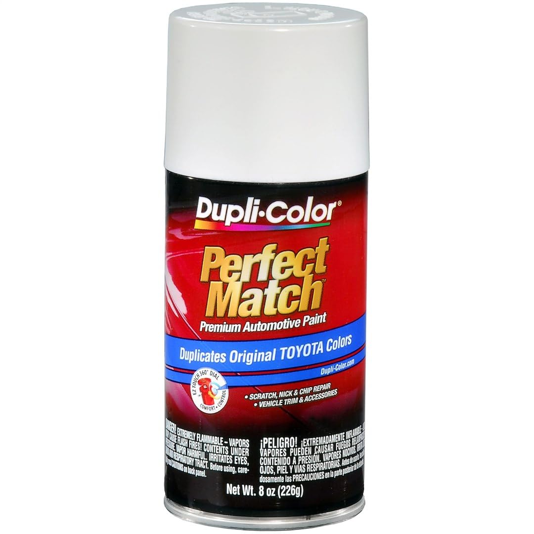 Dupli-Color aerosol front label showing Toyota white, ensures accurate factory color match