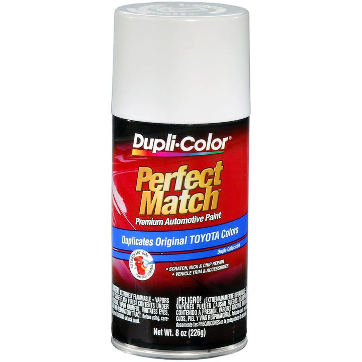 Dupli-Color aerosol front label showing Toyota white, ensures accurate factory color match