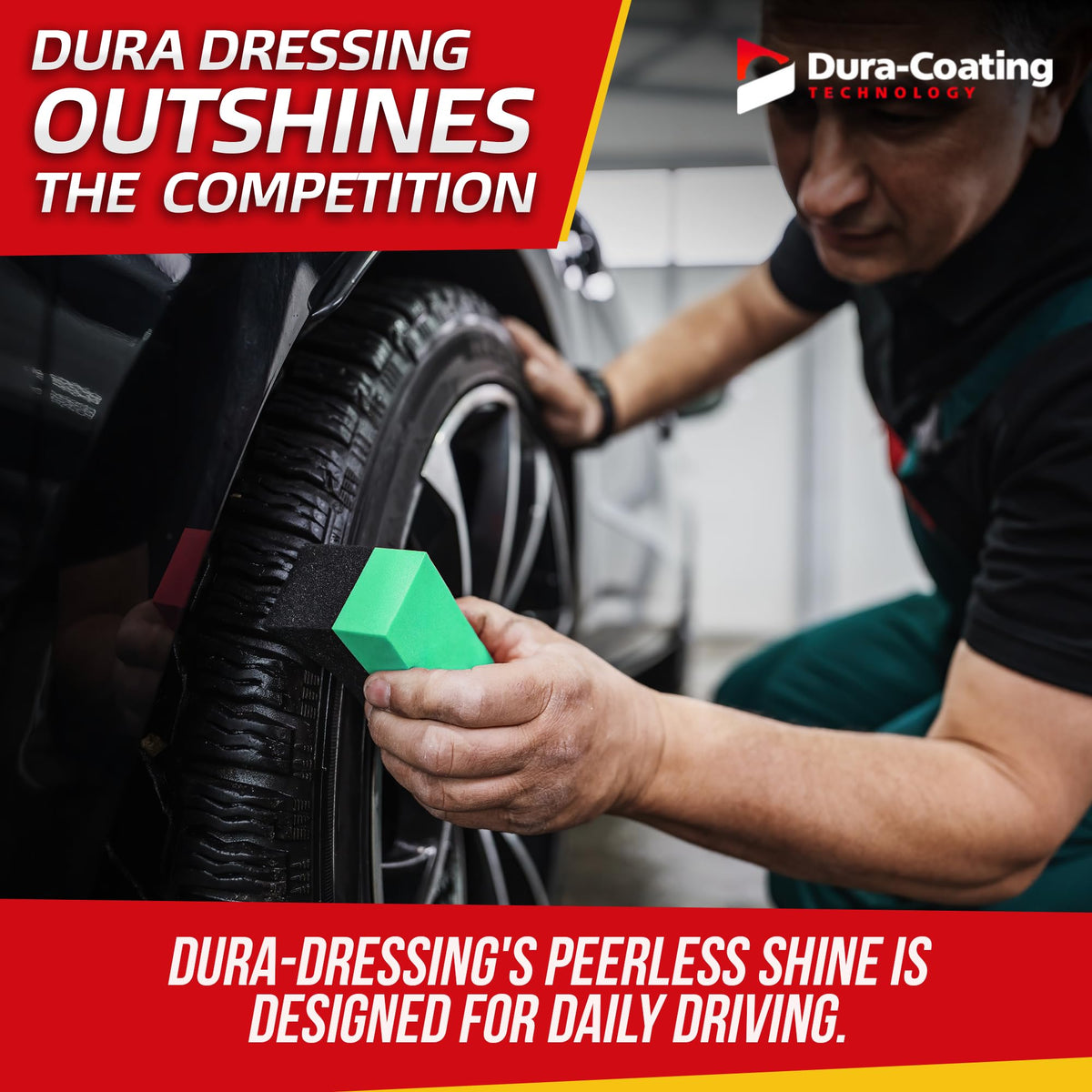 DURA-COATING before and after tire comparison illustrating lasting shine