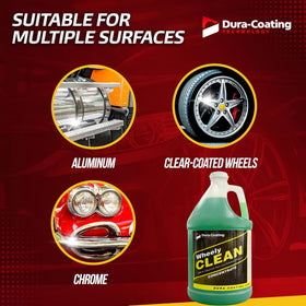DURA-COATING Wheely Clean being sprayed on chrome wheel showing fast brake dust removal benefit
