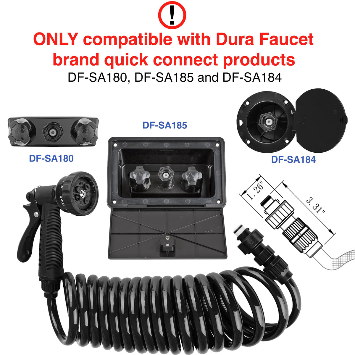 Dura Faucet coiled hose fully extended to reach distant gear and clean areas