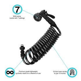 Dura Faucet extended 15-foot coiled hose in use giving wide reach for rinsing gear