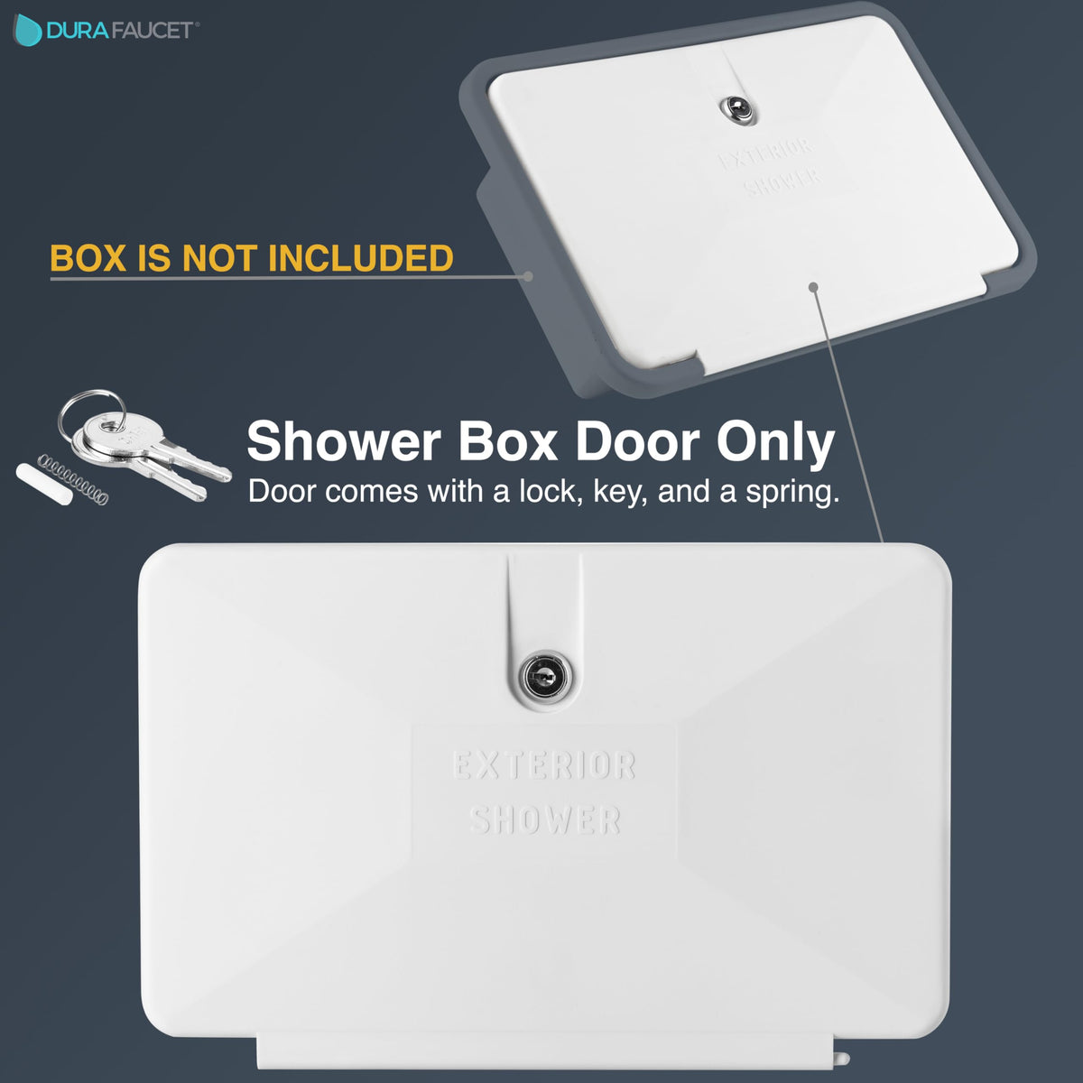 Dura Faucet door next to hand showing compact size for easy handling