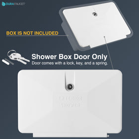 Dura Faucet door next to hand showing compact size for easy handling