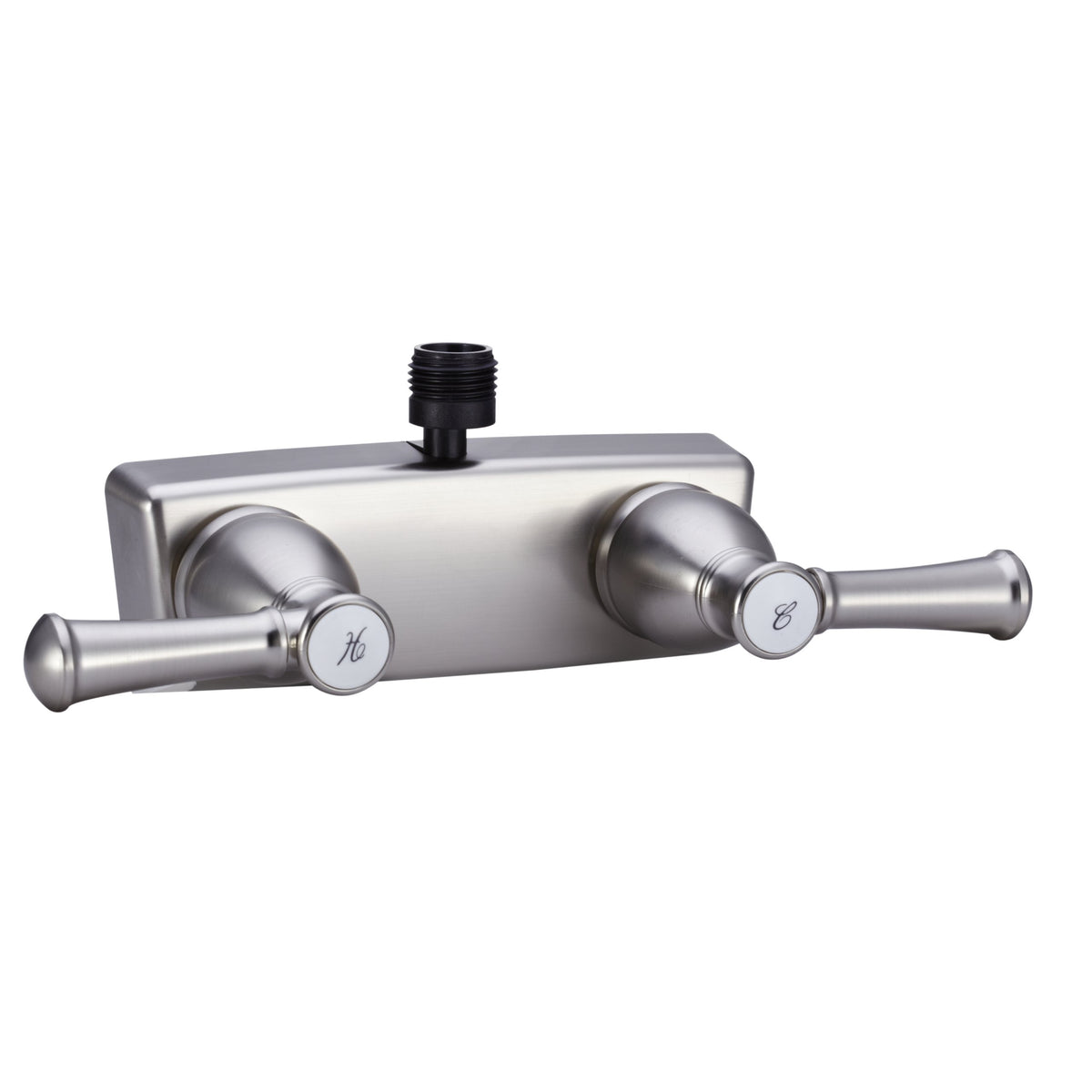 Dura Faucet front view in satin nickel showing compact two-handle design and aesthetic benefit