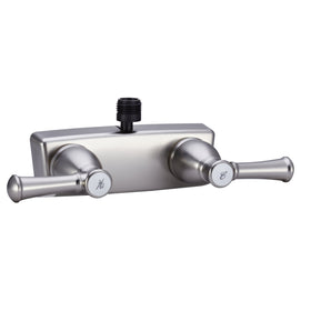 Dura Faucet front view in satin nickel showing compact two-handle design and aesthetic benefit