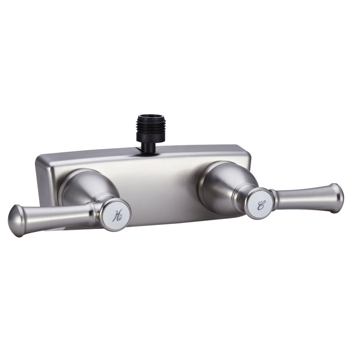 Dura Faucet front view in satin nickel showing compact two-handle design and aesthetic benefit