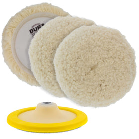 Dura-Gold front packaging showing three 8" wool pads and plate, durable set benefit