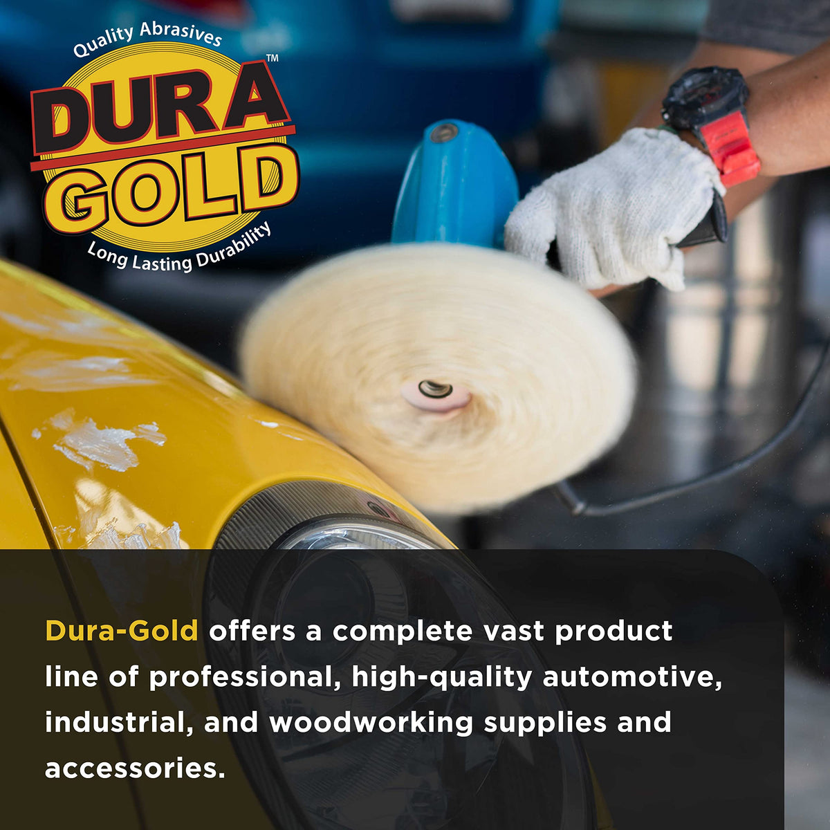 Dura-Gold pad polishing boat hull epoxy, indicates suitability for marine surface restoration