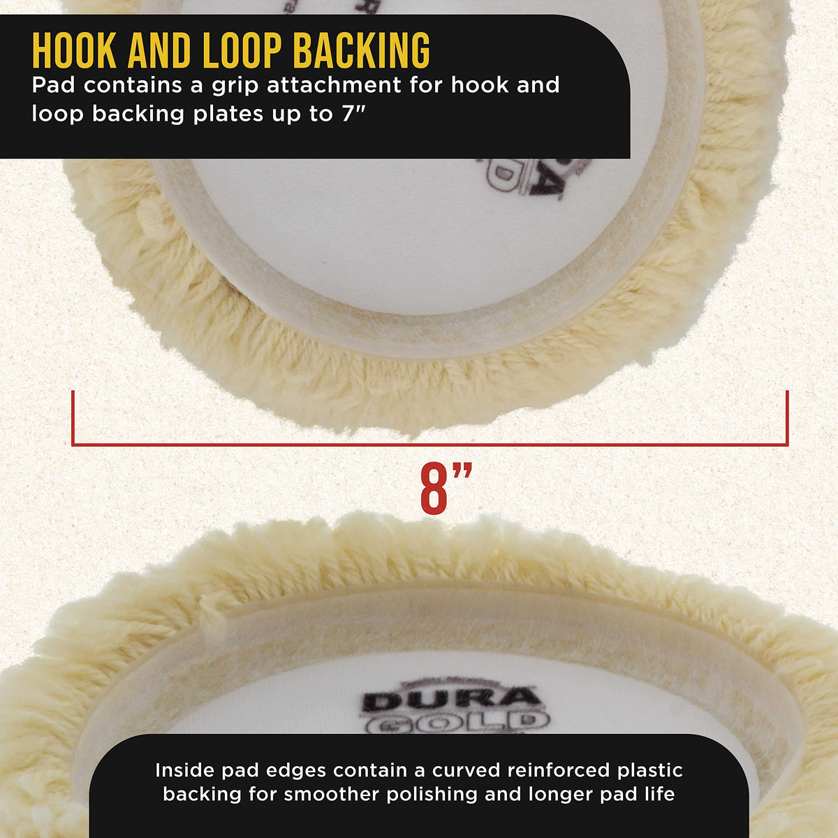 Dura-Gold 100% wool pad texture close-up, shows aggressive cut for fast defect removal