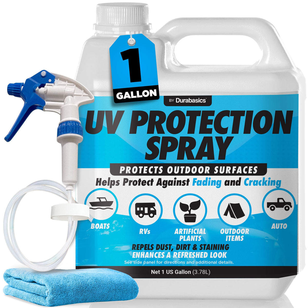 Durabasics spray bottle front view showing label and included sprayer for outdoor protection