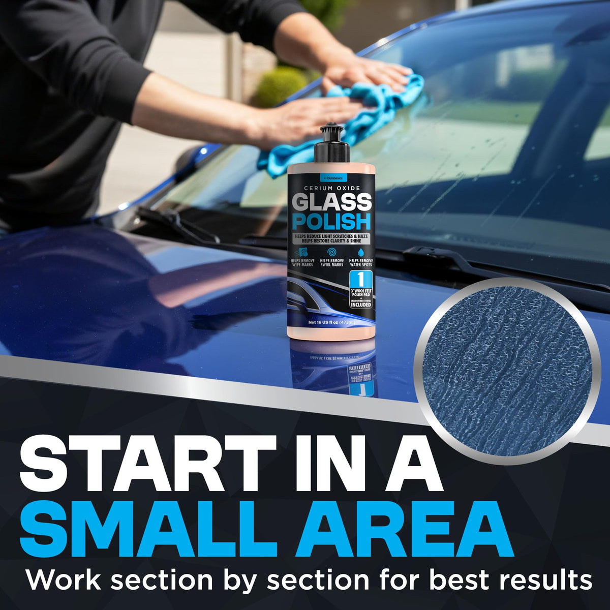 Durabasics polish residue wiped off glass showing restored smooth surface