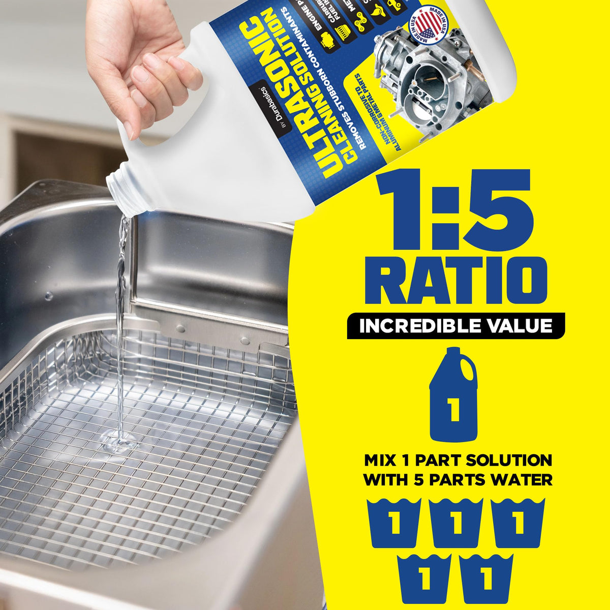 Durabasics gallon next to a ruler illustrating size and storage scale benefit