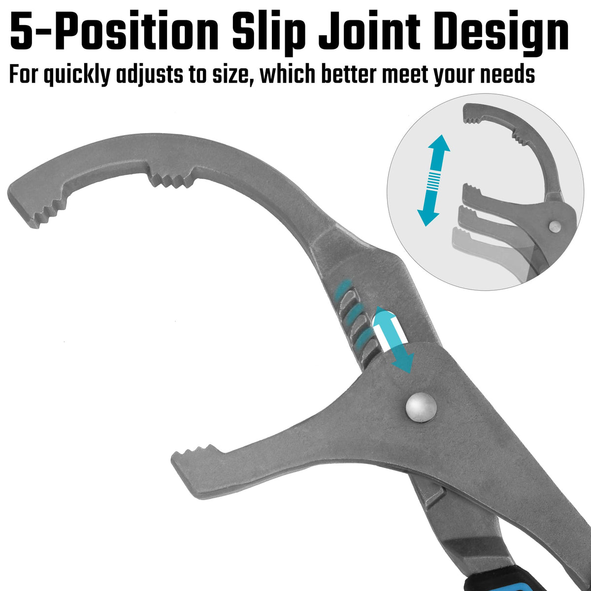 DURATECH close-up of 9-inch plier jaw teeth gripping filter for secure removal