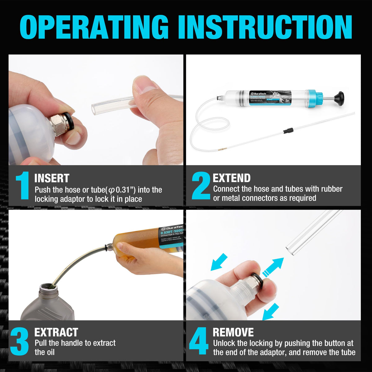 DURATECH fluid extractor in car engine bay enabling easy, low-mess fluid removal