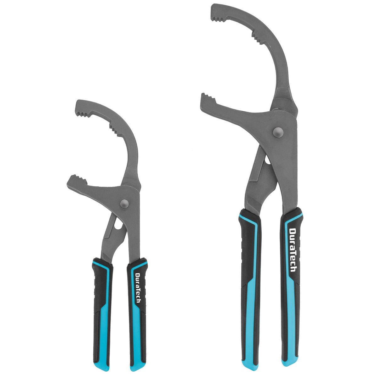 DURATECH front view of oil filter pliers showing both sizes and packaging for quick selection