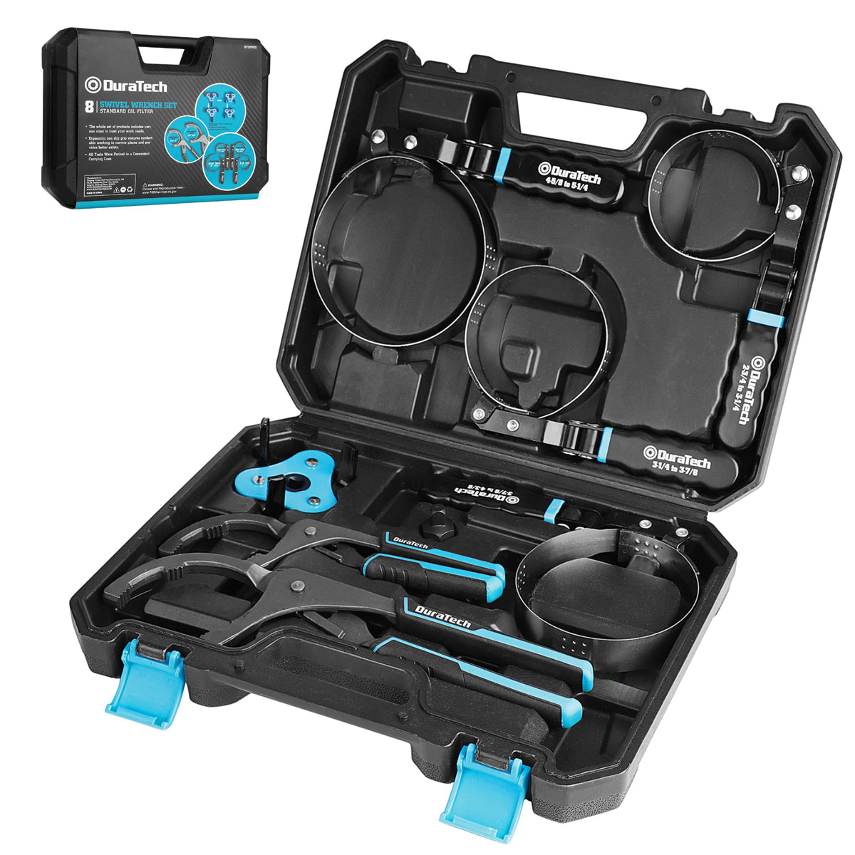 DURATECH front packaging showing full 8-piece oil filter wrench set and case for organized storage