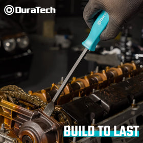 DURATECH scrapers on a workbench with rags and solvent suggesting professional readiness