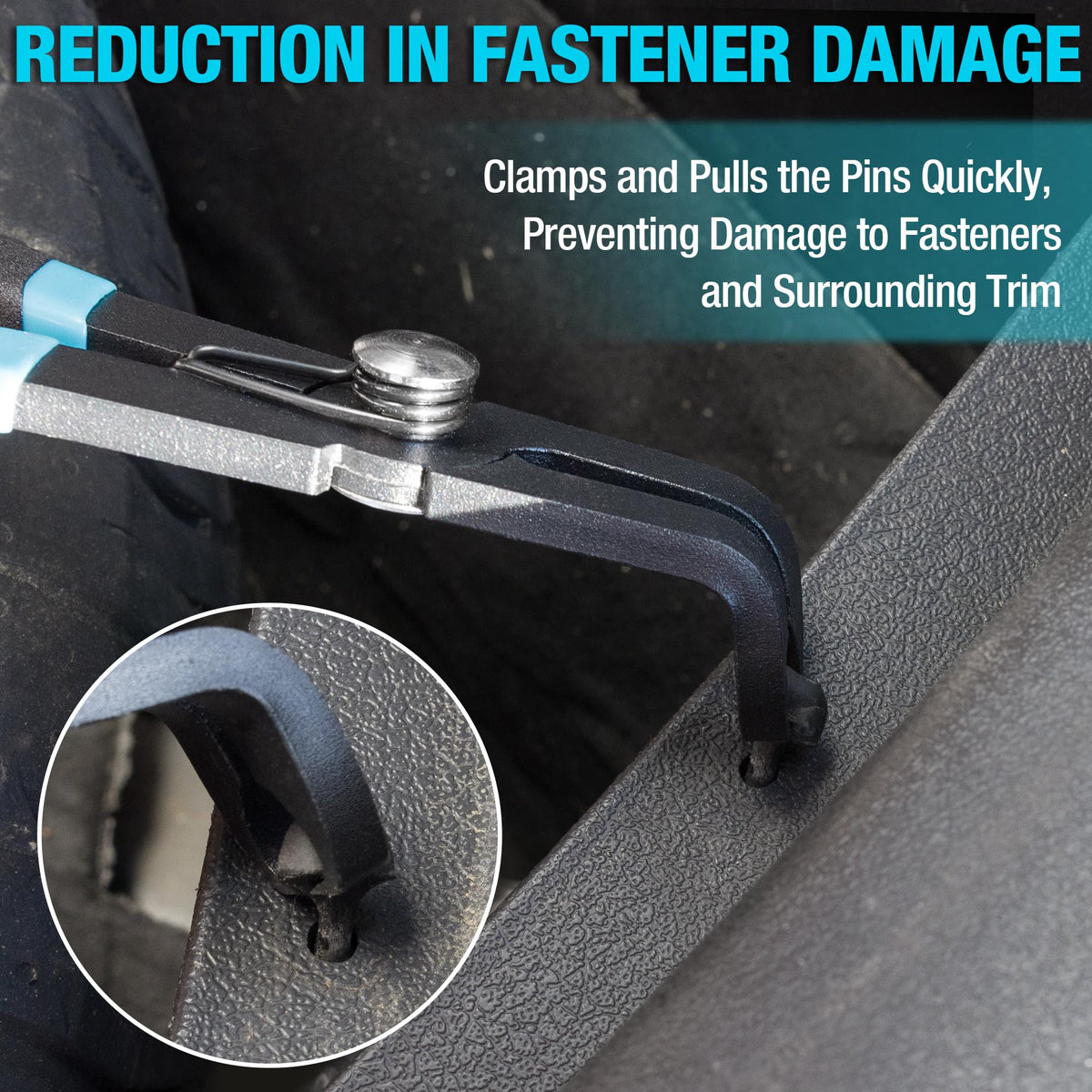 DURATECH pliers removing a car door panel clip to speed automotive repairs