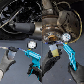 DURATECH pump in use bleeding a car brake for cleaner, single-person service