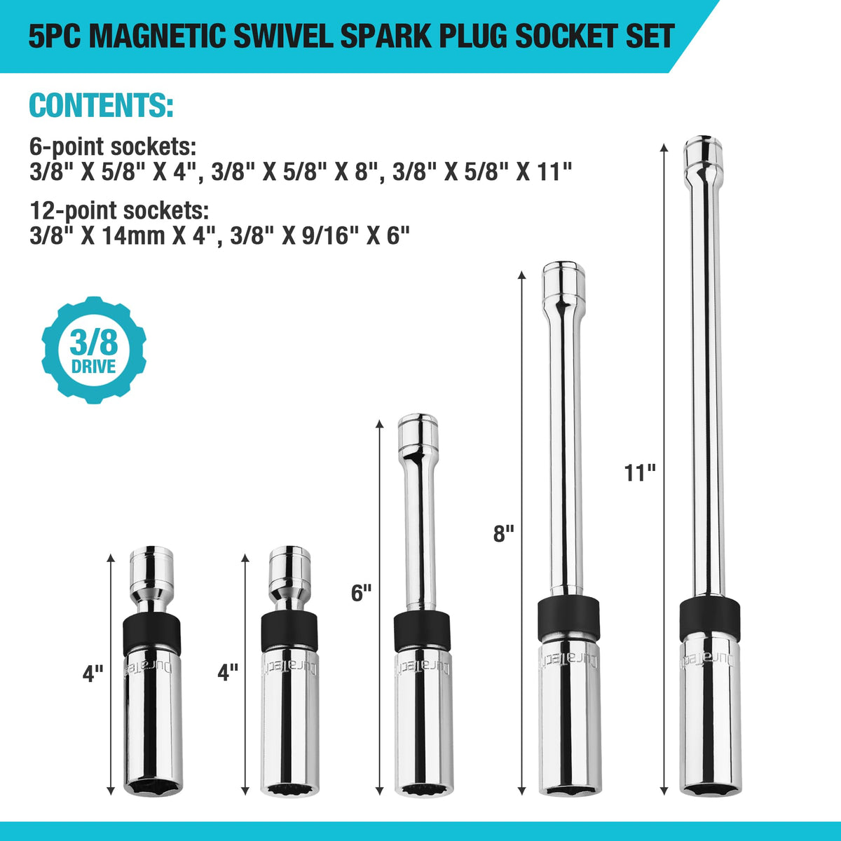 DURATECH length comparison of 4, 6, 8, 11-inch sockets for deep reach