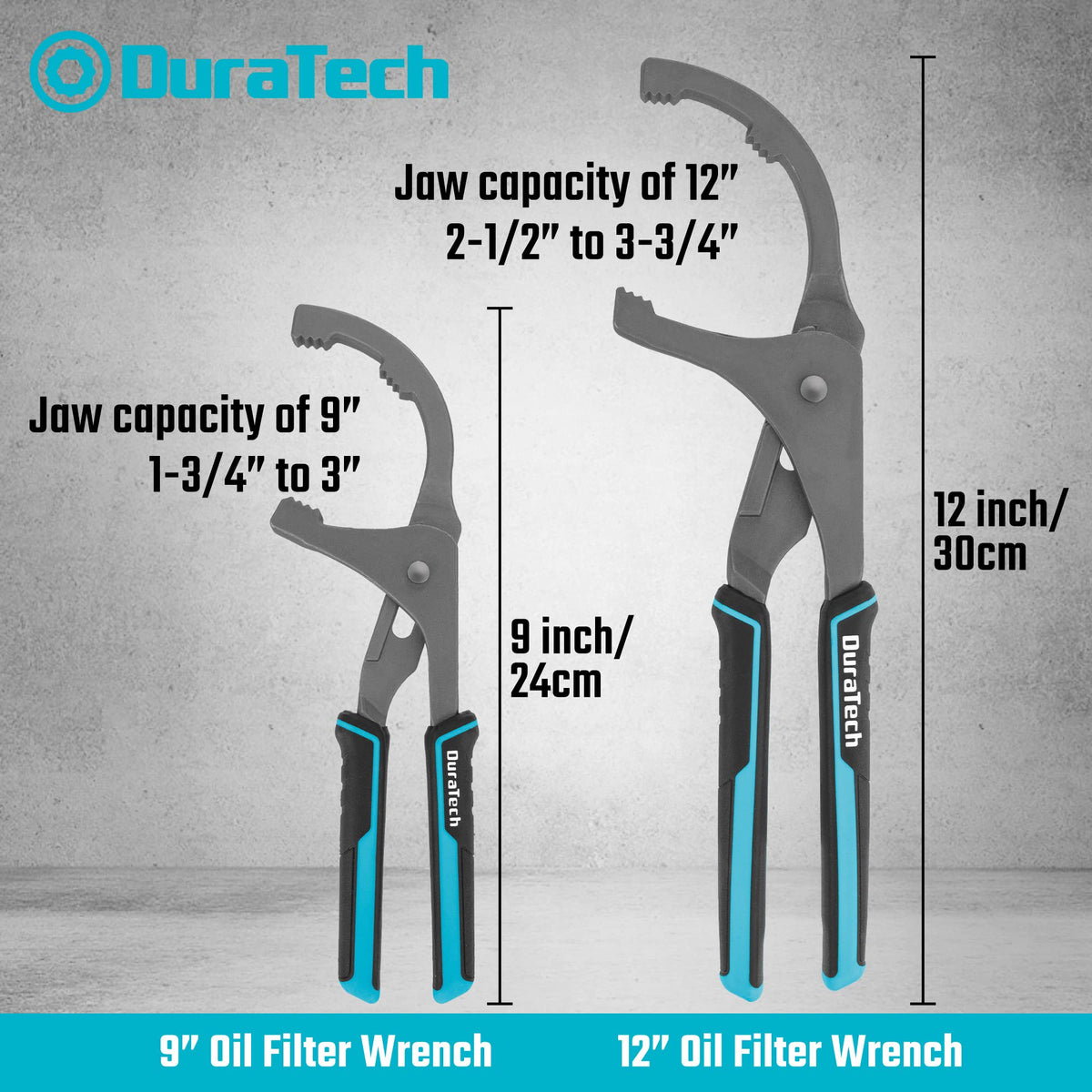 DURATECH side-by-side 9" and 12" pliers to display scale and size differences